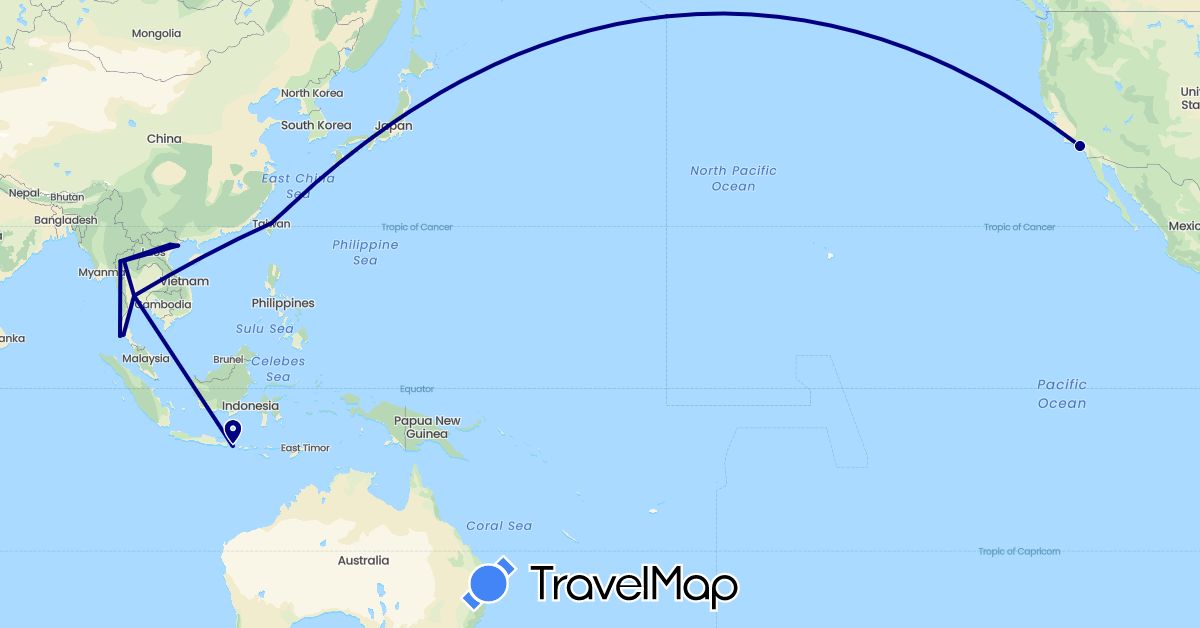 TravelMap itinerary: driving in Indonesia, Thailand, Taiwan, United States, Vietnam (Asia, North America)
